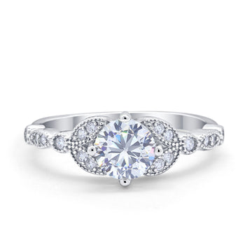 Art Deco Wedding Ring Bridal Round Simulated Cubic Zirconia 925 Sterling Silver